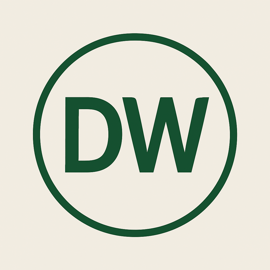 DW monogram inside a dark green circle, used as a testimonial icon for Deberal Williams