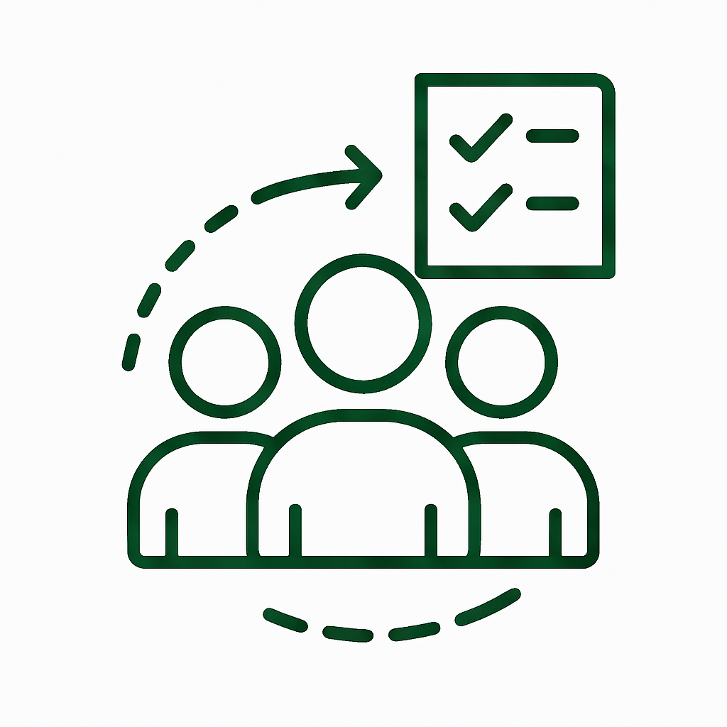Icon showing three team members with a checklist and directional arrow, representing collaborative business support in accounting, legal, and advisory services.