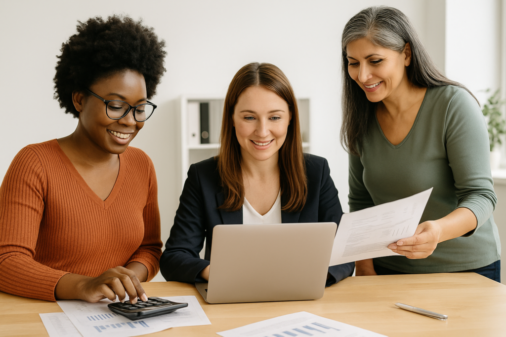 A diverse group of three professionals—Black, Latina, and White—collaborating around a laptop in a bright office setting, representing inclusive small business support and financial advisory services.