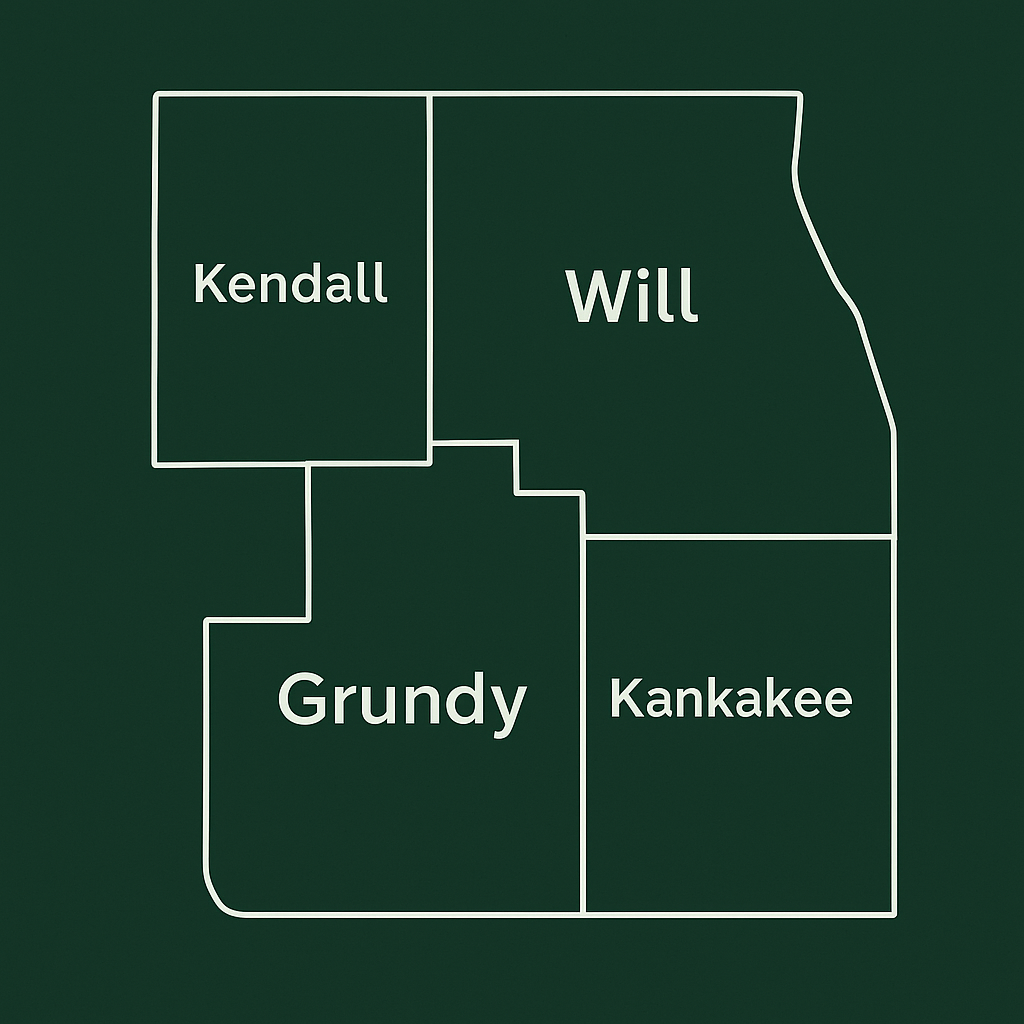 Illustrated map highlighting the four-county Region 3 service area of the Illinois SSBCI Technical Assistance Program: Will, Kendall, Kankakee, and Grundy Counties.