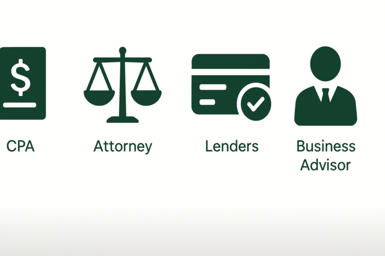 Dark green icons representing SBGI service providers: CPA, attorney, lender, and business advisor on a light background